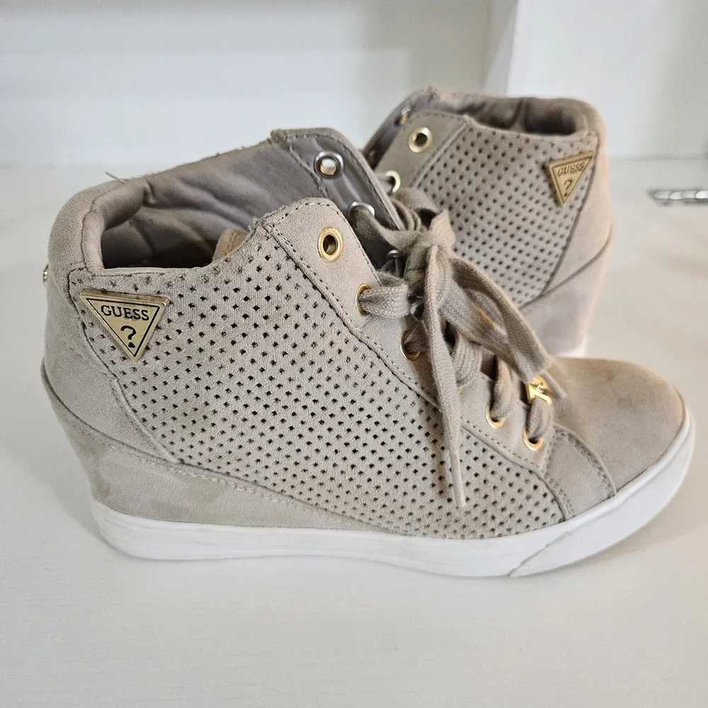 GUESS Women's High-Top Hidden Wedge Sneakers - Taupe Suede - Size 7.5M (Style...